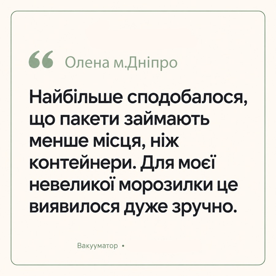 Відгук: Олена, м. Дніпро — «Найбільше сподобалося, що пакети займають менше місця, ніж контейнери. Для моєї невеликої морозилки це виявилося дуже зручно.»