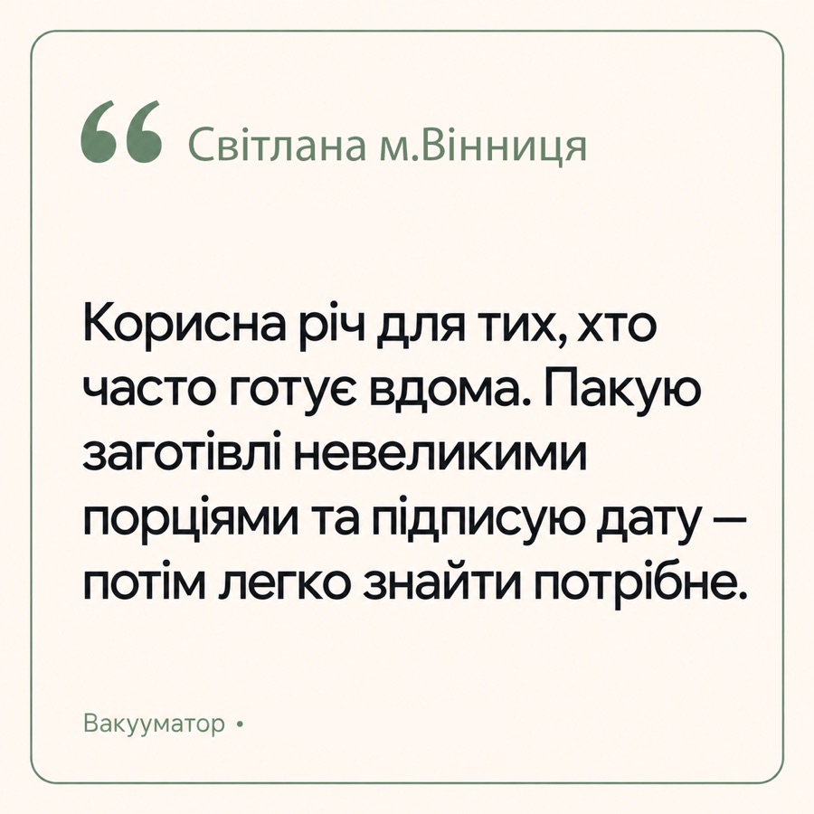 Відгук: Світлана, м. Вінниця — «Корисна річ для тих, хто часто готує вдома. Пакую заготівлі невеликими порціями та підписую дату — потім легко знайти потрібне.»